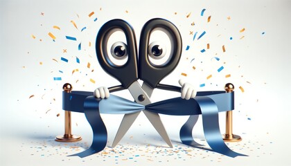 A pair of scissors and ribbon with human-like features cutting through as part of a grand opening on a white background, perfect for depicting new ventures in graphic designs.