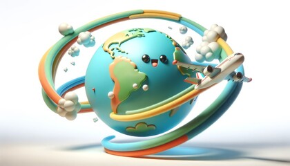 This 3D render shows a globe and airplane circling around each other, illustrating worldwide...