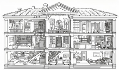 A drawing of a three story house with a lot of windows. Black and white line art, coloring book page.