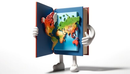 An anthropomorphic book opening doors to a world map on a white background, representing knowledge opening doors to global opportunities, perfect for educational and global themes.