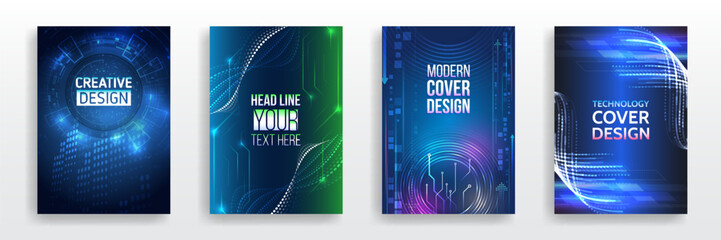 Futuristic background for flyer, brochure. Scientific cover template for presentation, banner. Set of high-tech covers for marketing. Modern technology design for posters.