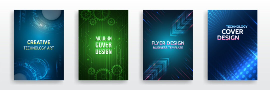 Modern technology design for posters. Futuristic background for flyer, brochure. Scientific cover template for presentation, banner. Set of high-tech covers for marketing.