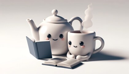 Teapot and cup enjoy a book, symbolizing relaxing tea time.