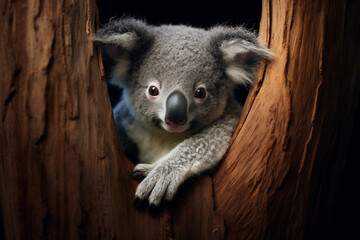 A sweet baby koala wearing a knitted sweater and holding a eucalyptus branch, nestled in a tree.