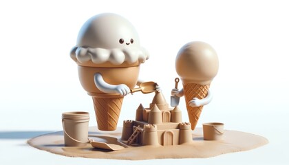 Ice cream scoop and cone build a sandcastle, playful ice cream enjoyment representation.