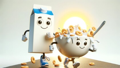 Milk carton and cereal bowl jog, emphasizing breakfast's role in starting the day.