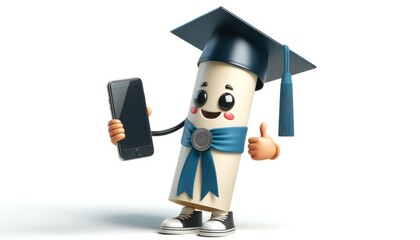 Diploma and graduation cap take a selfie, symbolizing educational achievements.