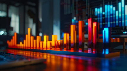 A bar chart displaying historical stock prices with varying colors indicating different time periods - obrazy, fototapety, plakaty