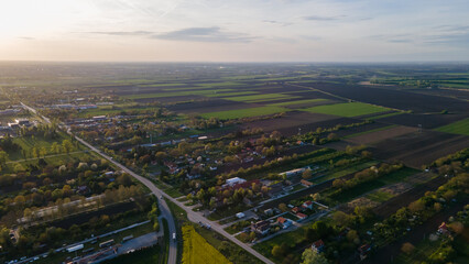 Aerial view of suburban houses in new modern development area. Small city on aerial view. Scenic seasonal landscape from above aerial view of a small town in countryside Pancevo, Serbia