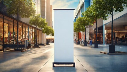 A blank vertical banner in the middle of a shopping area - obrazy, fototapety, plakaty