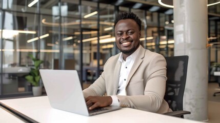 Smiling Man with Laptop at Work - obrazy, fototapety, plakaty
