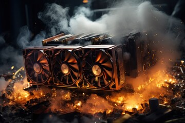 Burning bitcoin miner device in a crypto mining farm. Photorealistic.
