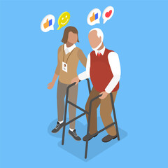 3D Isometric Flat Vector Illustration of Social Worker, Taking Care About Seniors People