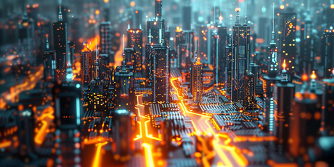 Obraz premium 3d illustration of a futuristic micro chips city at night. Computer science and electronics background concept.