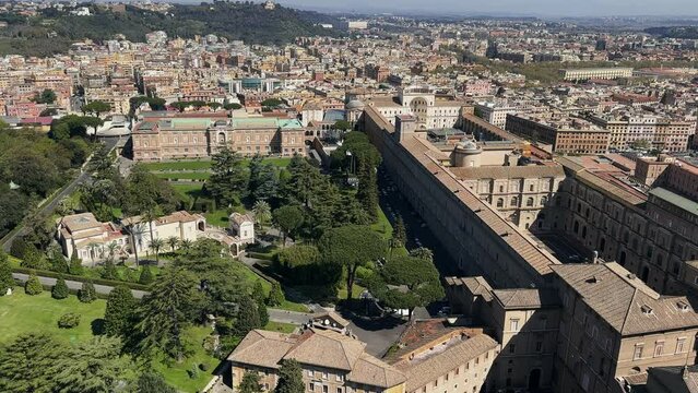 Aerial panoramic view of the Vatican City and Rome, Italy. Palace of the Governorate, Gardens, Vatican Radio, Convent. Panorama of the old historical center. View from the roof of Saint Peter Basilica