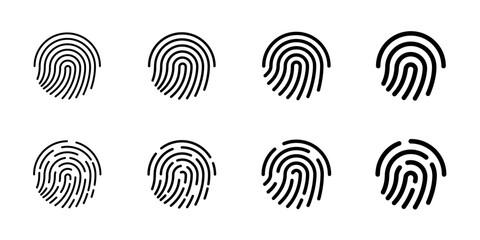 User finger scan icon set. Fingerprint touch biometric id symbol collection. Modern account thumbprint identification security sign. User recognition scanner badge. Black linear isolated vector logo - obrazy, fototapety, plakaty