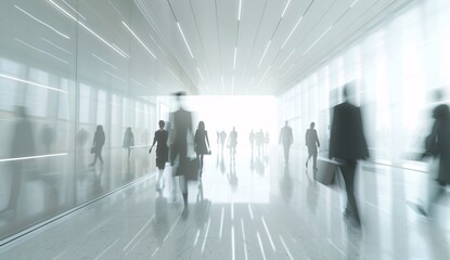 a group of people walking in a hallway