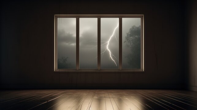 View from a large window a thunder storm with a bright lightning strike at night.