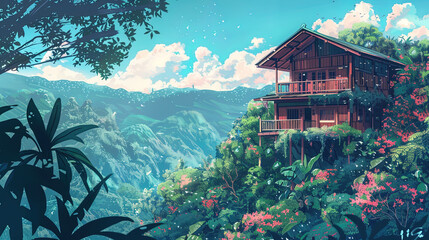Mountain nature anime illustration, manga, lofi, house, spring