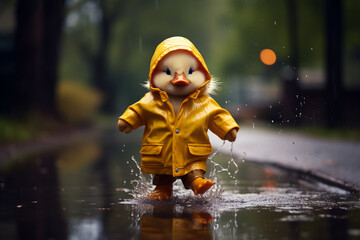 A tiny duckling wearing a raincoat and rain boots, splashing in a puddle.