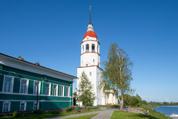 The ancient bell tower of the Assumption Church on a sunny August day. Totma. Vologda region, Russia