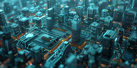 3d illustration of a futuristic micro chips city at night. Computer science and electronics background concept. - obrazy, fototapety, plakaty
