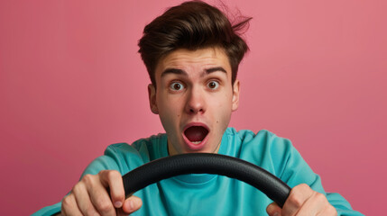 A man in a turquoise shirt is gripping a steering wheel with a shocked expression.