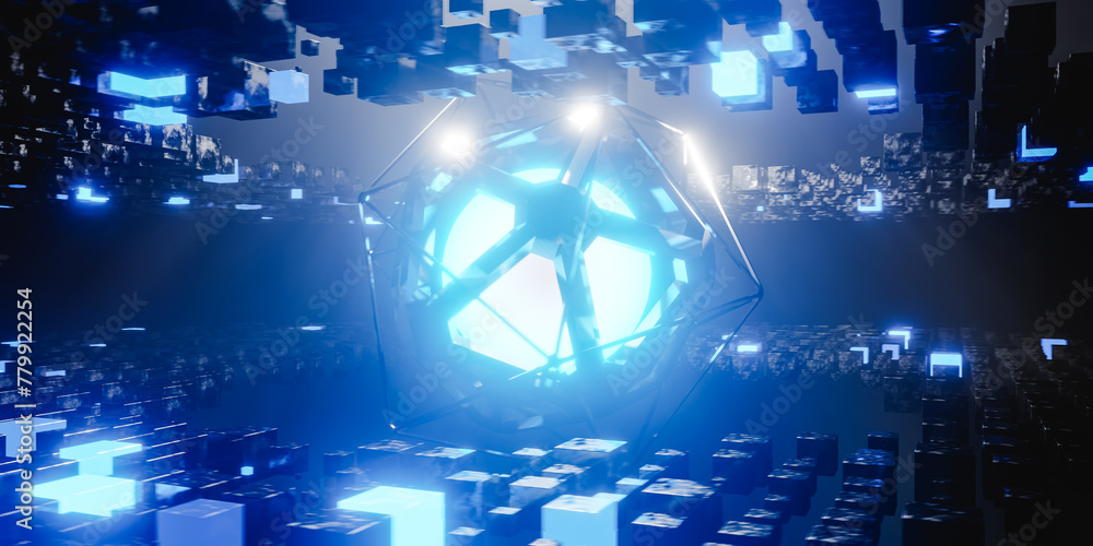 Poster glowing neon sphere in wireframe hexagon in space. sci-fi 3d render background