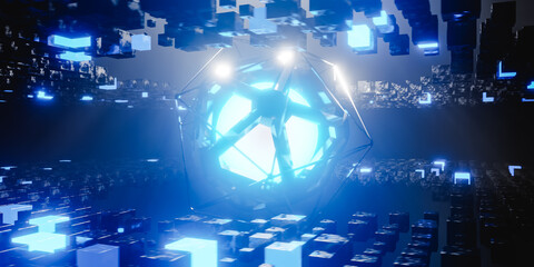 Glowing neon sphere in wireframe hexagon in space. Sci-Fi 3d render background