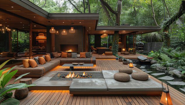 A modern and cozy outdoor living area in the woods, with wooden deck flooring, seating areas, fire pit, fireplace, comfortable sofas. Created with Ai