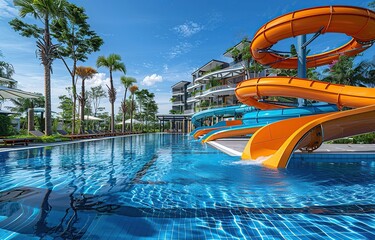 water park with colorful waterslides, Water slide with children pool, summer fun activity, vacation leisure concept, vacation spot for families - obrazy, fototapety, plakaty