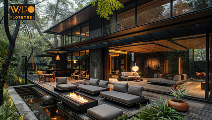 A black modern house with large glass windows and doors, surrounded by lush greenery in the rainforest. Created with Ai