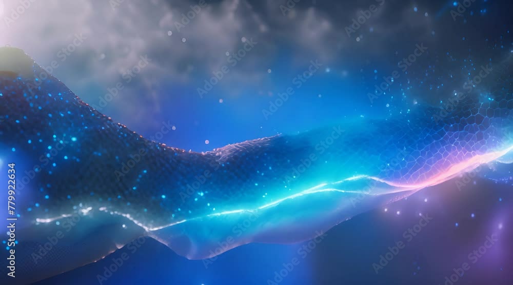 Poster blue hexagon wave of particles and lines big data visualization abstract background with a dynamic w