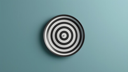 Creative illustration of a round shaped target with thin arrow representing concept of setting goals correctly on solid background - obrazy, fototapety, plakaty