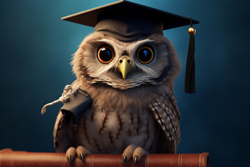 A tiny owl wearing a graduation cap, holding a diploma in its talons.
