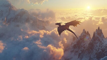 Powerful dragon flying in sky with clouds at sunrise.