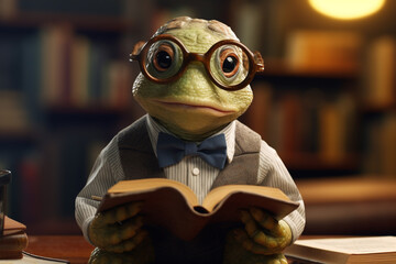 A tiny turtle wearing a bowtie and spectacles, reading a miniature book.
