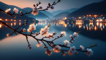 A tranquil evening scene featuring branches of blossoming flowers in the foreground with a focus on their delicate petals - obrazy, fototapety, plakaty