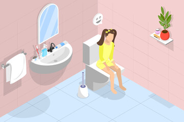 3D Isometric Flat Vector Illustration of Girl Using Toilet , Washroom Routine