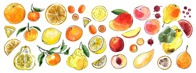 Citrus fruits color sketch in watercolor and ink. Lemon, orange, ugli fruit, tangerine, kumquat - 779923074