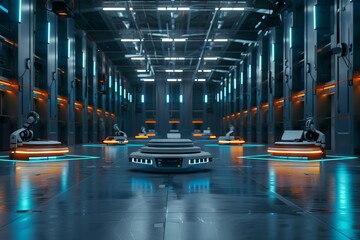 Futuristic digital warehouse with robots and augmented reality, smart logistics concept, 3D rendering