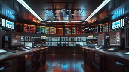 An image of a stock market trading terminal with multiple screens displaying real-time stock quotes