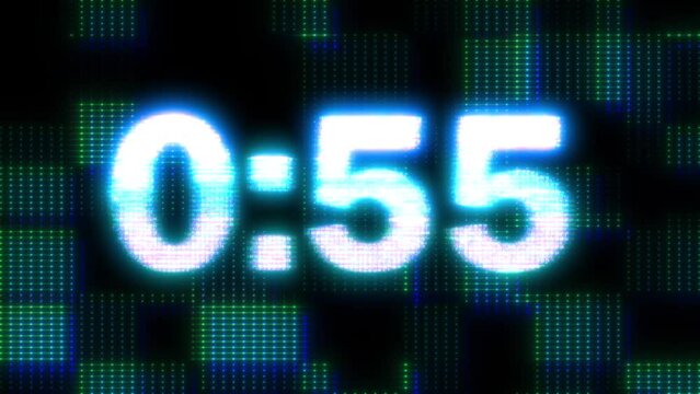 Glitchy glowing timer. 60 second countdown in real time
