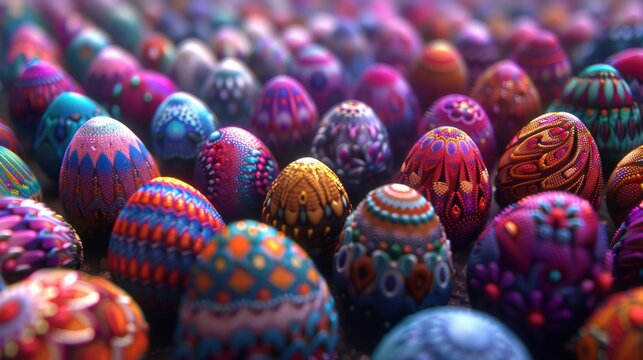 A large group of brightly colored eggs are arranged in a pattern, AI