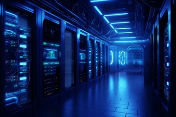 Sophisticated Server blue room. Cloud ai centre. Generate Ai