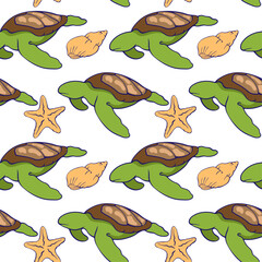seamless pattern with seashells and turtle
