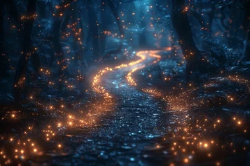 Foto op Canvas sparkling bokeh illuminating the forest pathway at night © Surachetsh