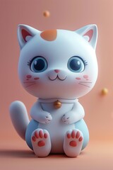 Cute animated white kitten with ginger spots, large eyes, and a playful pose on a soft pink background.