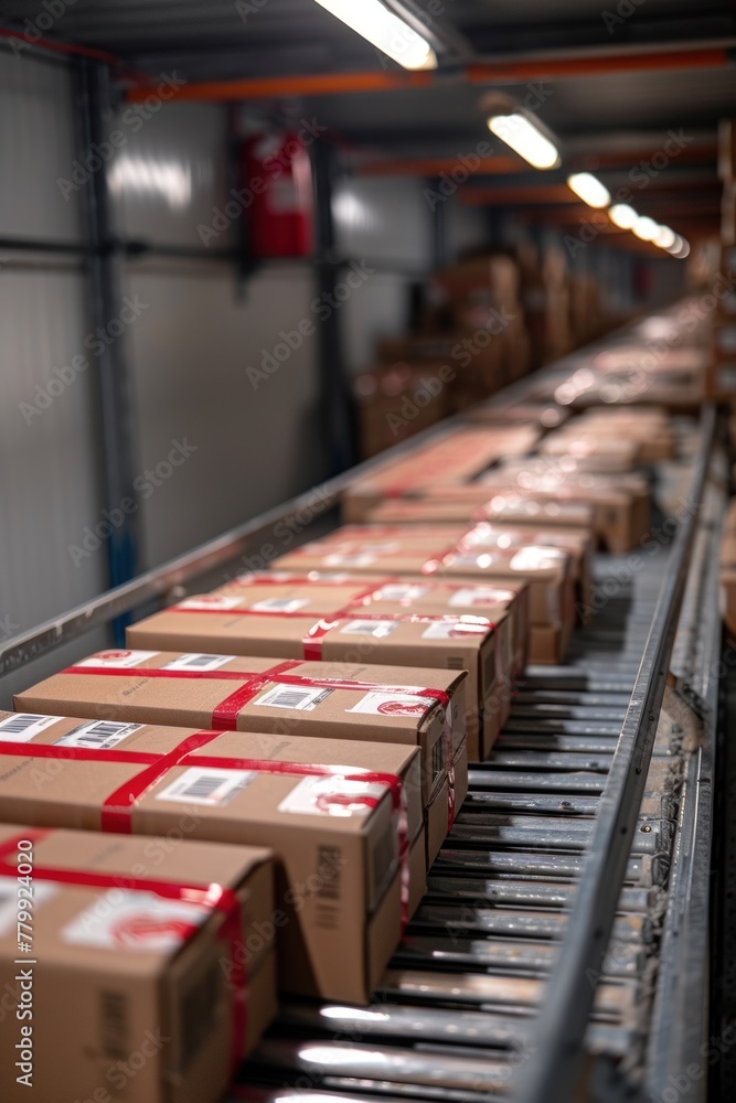 Poster boxes are being transported in a row on a conveyor belt in a factory