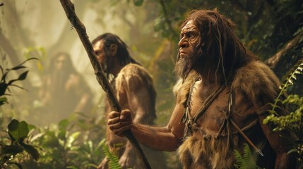 Caveman in prehistoric jungle hunting. Photorealistic. - obrazy, fototapety, plakaty